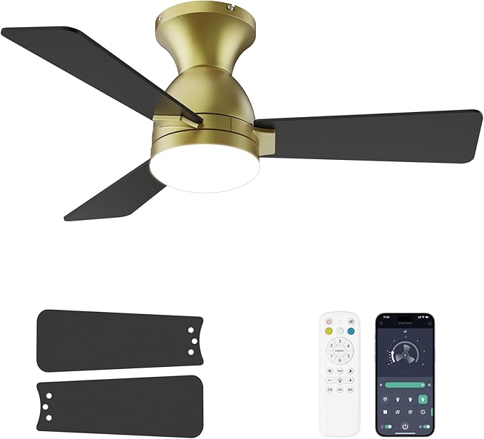 Ceiling Fans with Lights and Remote, 36 Inch Ceiling Fan with Light, Low Profile, Reversible, Dimmable LED, Flush Mount, Quiet, DC Motor, Gold Ceiling Fan for Bedroom, Kitchen, Dining Room
