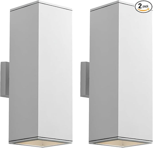 mirrea 18" Modern Outdoor Porch Light Patio Light in 2 Lights with Aluminum Rectangular Tube and Tempered Glass Cover Waterproof Wall Sconce 2 Pack (Matte White)