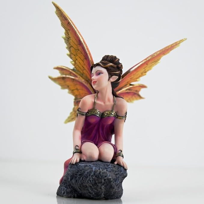 Fantasy Orange-Gold Gradient Wings Fairy Figurine, 6.1 Inch Rock Base Elf Statue, Hand-Painted Resin Decor for Indoor Garden Desk