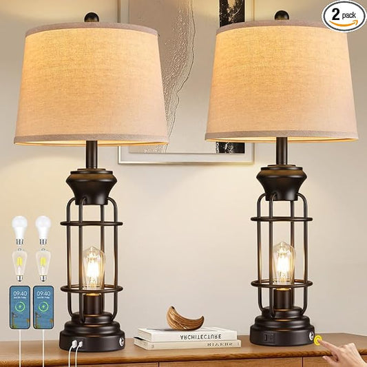 Table Lamp Set of 2 with USB Ports, 28" Tall Farmhouse Table Lamp with 2 Nightlight Bulbs,Touch Control Table Lamps for Bedroom, Rustic Bedside Lamp for End Tables,Bulbs Included,Black