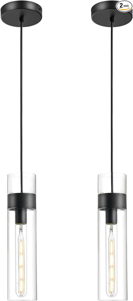2 Pack Black Pendant Lights Kitchen Island (Bulbs Included), Adjustable Modern Glass Pendant Light Over Island, Industrial Pendant Light Fixtures for Dining Room Hallway Bedroom Living Room