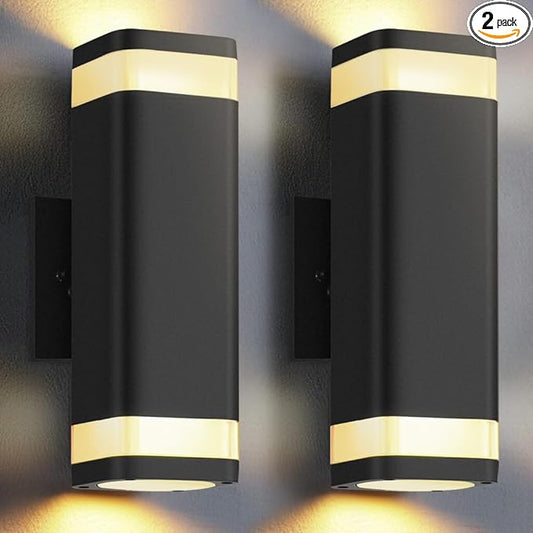 SHIMR Dusk to Dawn Outdoor Wall Light with Sensor 2 Pack, Waterproof Up and Down Outdoor Sconce Lights, Modern Black Aluminum Exterior Lighting Fixtures for Porch Patio Garage, LED Bulbs Included