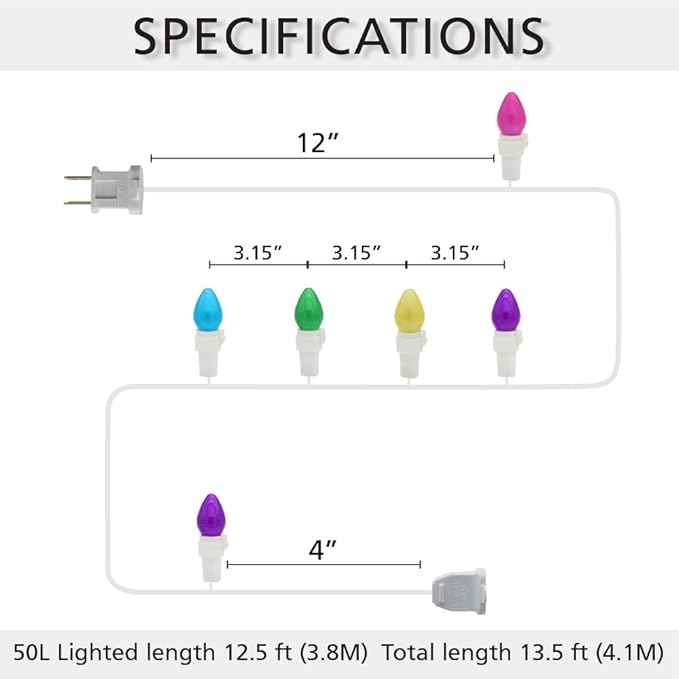 Easter String Lights LED Multi Color Glass C3 Lights 50 Count Easter Pastel Light 120V ETL Certified Connectable Outdoor String Light White Wire for Party Patio Home