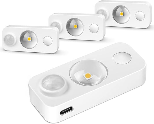 LED Motion Sensor Puck Lights, Rechargeable Under Cabinet Lighting Wireless, Dimmable Night Light, Under Counter Lights for Kitchen, Display Shelf, Closets (4 Pack)