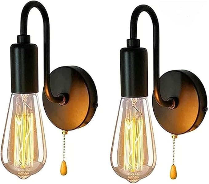 Vintage Black Iron Wall Sconce Industrial Retro Light E27 Base Pull Cord Switch Wall Wash Lantern for Cafe Office Restaurant