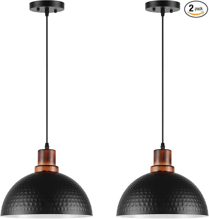 Black and Wood Pendant Lights 2 Pack, 11.8" Hammered Metal Dome Pendant Light Fixture Modern Black Pendant Lighting Hanging Ceiling Light for Kitchen Island Dining Living Room Restaurant