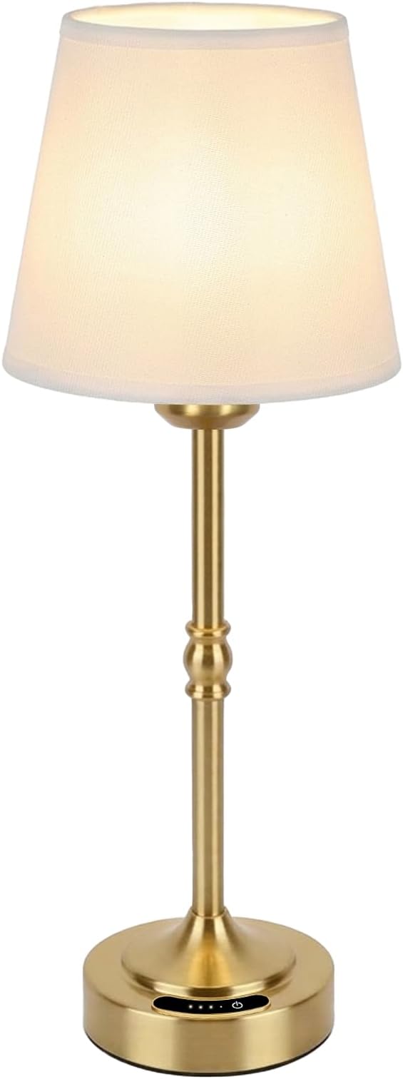 OUTON Cordless Table Lamp Rechargeable, Touch Dimmable LED Bedside Lamp with Fabric Shade, 3 Color Temperatures, USB-C Charging, Battery Display, Memory Function for Bedroom Living Room Patio, Gold