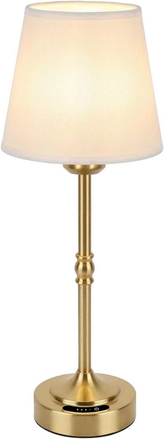 OUTON Cordless Table Lamp Rechargeable, Touch Dimmable LED Bedside Lamp with Fabric Shade, 3 Color Temperatures, USB-C Charging, Battery Display, Memory Function for Bedroom Living Room Patio, Gold