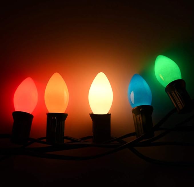 25 Pack Christmas Light Bulbs, C7 Ceramic Multi-Color Replacement Bulbs, C7 Outdoor String Lights Replacement Bulbs, C7/E12 Candelabra Base, 5 Watt