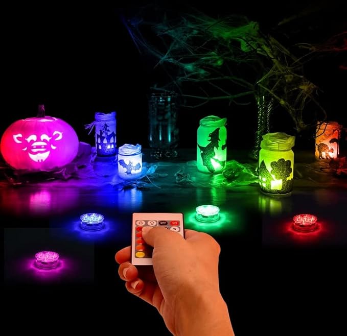 Submersible LED Lights, 4PCS Waterproof Underwater Remote Controlled Battery Operated Wireless, Multicolor Submersible Led Lights for Christmas, Pond, Party, Wedding, Vase Base Decorations