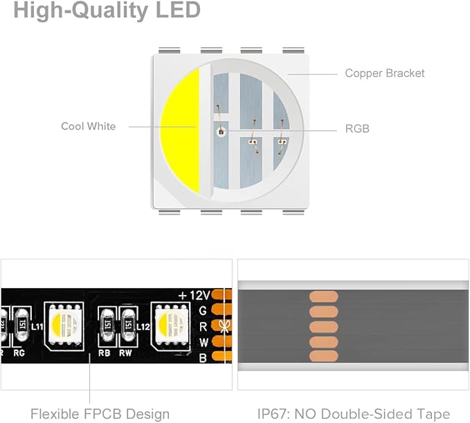 BTF-LIGHTING 5050 RGBW RGB+Cool White(6000K-7000K) 4 Colors in 1 LED Tape Light DC12V 5m 16.4ft 60LED/m Multi-Colored IP67 Black 14mm PCB for Bedroom Kitchen Home Decoration(No Adapter or Controller)