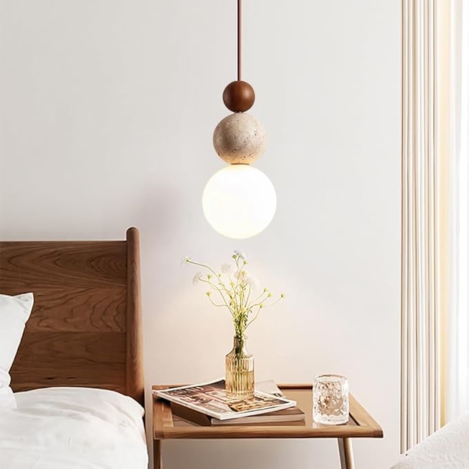 Natural Stone & Wood Pendant Light Fixture | Spherical Milk Glass Hanging Lamp | Modern Organic Ceiling Light | Adjustable Bedside Suspension Light for Dining Room, Kitchen Island, Bedroom(Walnut)