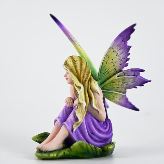 Fantasy Purple-Green Gradient Wings Fairy Figurine, Leaf Base Elf Statue, Hand-Painted Resin Decor for Mini Fairy Garden, Desk & Succulent Display