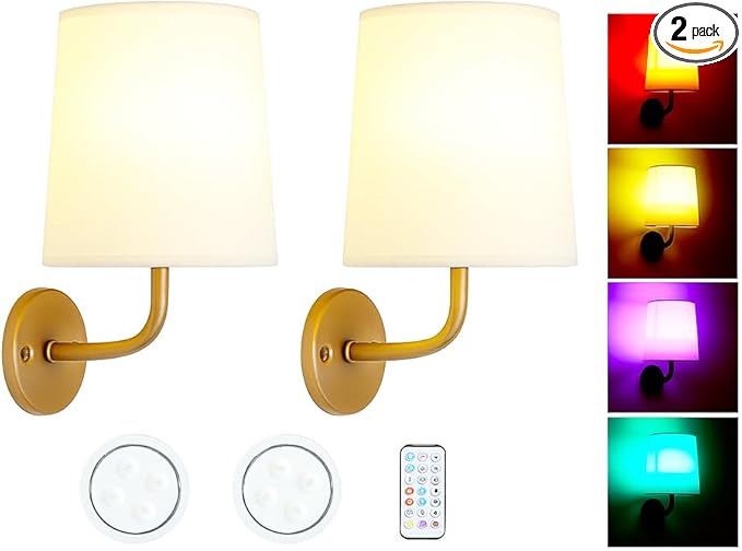 HEQIQEH 2 Packs Rustic Vintage Battery Operated Wall Sconce Light Fixture with Flared Funnel Linen Fabric Shade,Remote Control Dimmable RGB Nightstand Lamps for Bedroom Bedside (Antique-2)