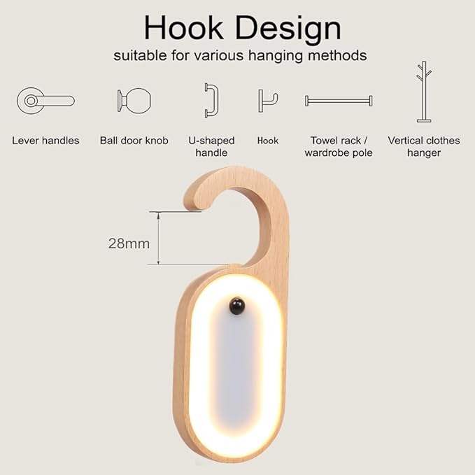 Wooden Message Motion Sensor Night Light with Memo Stickers, Doorknob Board LED Lamp, Rechargeable Doorhandle Hook Design for Bedroom, Bathroom, 2Pack