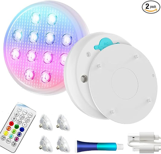 2PCS Ultra-Bright Rechargeable Submersible LED Pool Lights – IP68 Waterproof, 16 Colors, 6 Modes, RF Remote, Magnetic Base & Glue Mount –for Pools, Ponds, Hot Tubs & Fountains