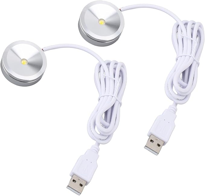 Hyuduo Round LED Spotlight 1W for Jewelry Cabinet, USB-Powered Showcase Light with 4.2ft CableWhite Light Small Shelf Lamp