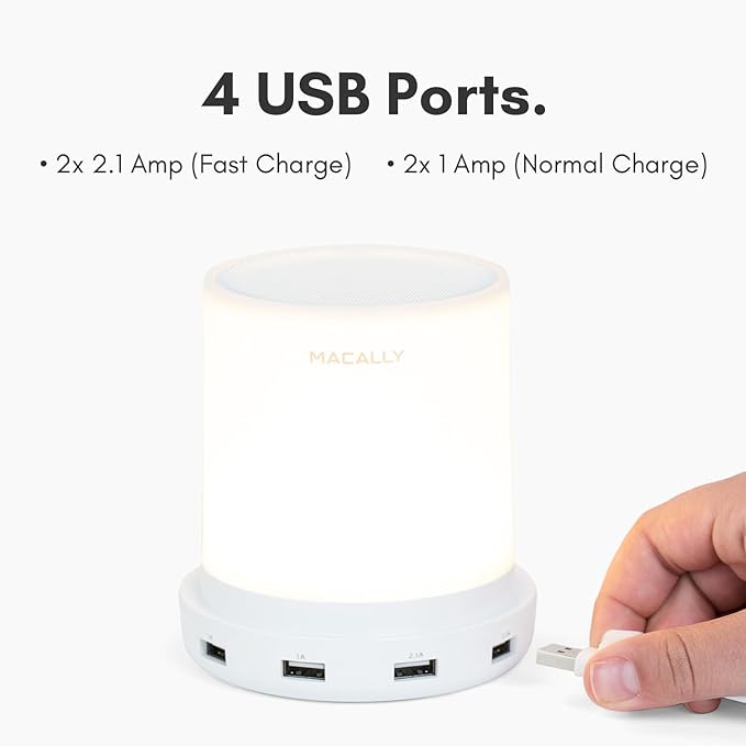 Macally Small Touch Lamps for Nightstand - Bedside Lamp with USB Port - 3 Way Dimmable Short Table Lamp for Small Spaces - Use as Night Light and Charger in Bedroom