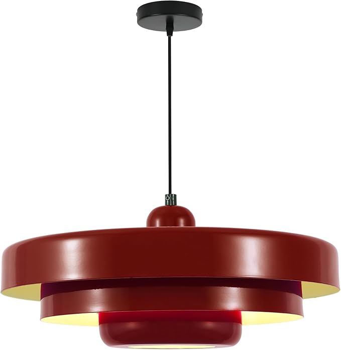 Vintage Red Ceiling Light, Large 3-Layer Metal Shade Mid Century Pendant, Industrial Hanging Light for Bedrooms, Living Room, and Hallway
