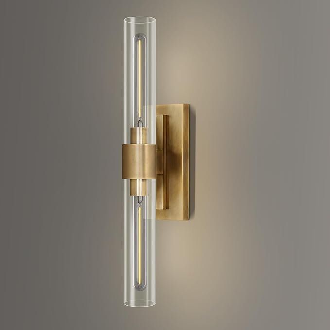 YUYI Wall Sconce, 22.8'' Brass Sconce Wall Lighting, Gold Bathroom Wall Light Fixture with Clear Glass Shade, Indoor Wall Sconce for Bathroom Vanity, Living Room, Bedroom, Hallway, Fireplace