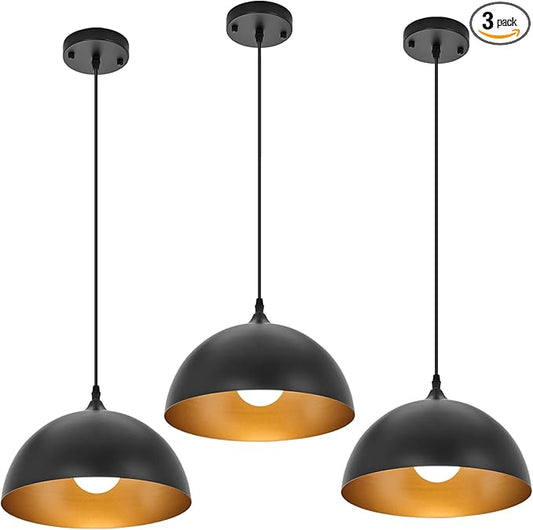 Industrial Pendant Light Fixtures,11.8" Black Dome Pendant Lights,Adjustable Vintage Hanging Lamp for Kitchen Island Restaurant Bar Cafe Dining Room Sink,3 Pack