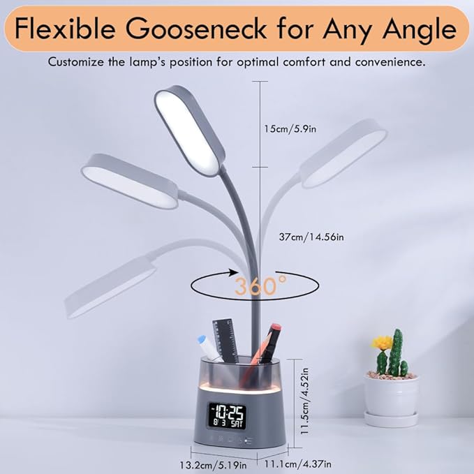 Led Desk Lamp for Home Office, Touch Table Lamp with Pen Holder, 3 Color Modes Stepless Dimmable Reading Light, Gooseneck Lamp for Dorm Room, Bedside Study Light with Clock for Kids, Girls, Boys