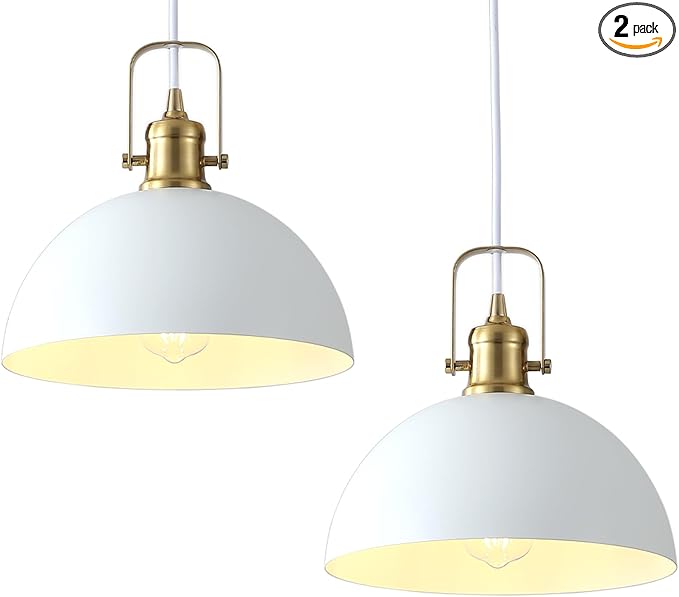 Kitchen Pendant Lighting Over Island 2 Pack, Modern White Gold Metal Pendant Lights, Ceiling Hanging for Kitchen Living Dining Room Restaurant Hallway Entrance