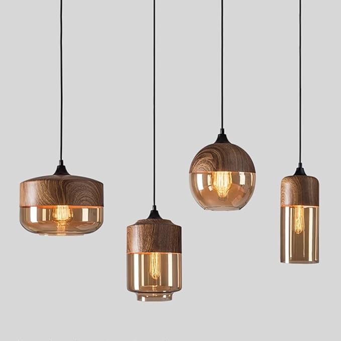 Walnut Pendant Light for Kitchen Over Sink Japanese Style Height Adjustable Glass Hanging Lamp Modern Hanging Lamp with Vintage Wood Grain Pendant Chandelier for Bedroom Dining Room Hallway(A