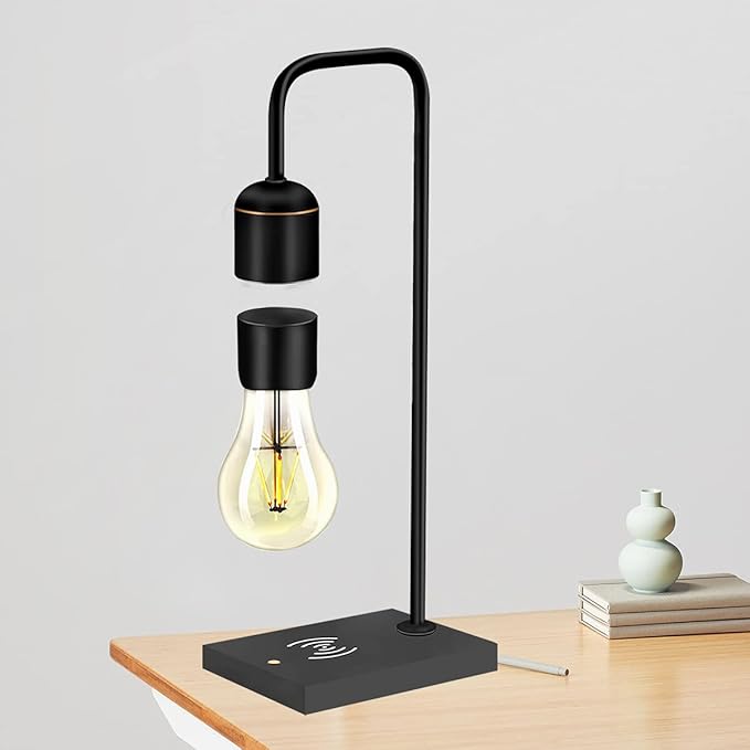 Unique Modern Levitating Lamp with Floating Light and Built-in Qi Wireless Charger, Simplistic and Innovative Design, Warm Decorative Night Light (Black Bulb)