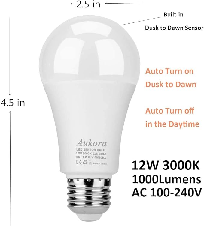Dusk to Dawn Light Bulb, Aukora Smart Sensor LED Light Bulb, 12W (100-Watt Equivalent), 3000Kelvin, E26 Base Automatic On/Off Led Bulb Outdoor/Indoor for Porch Garage Patio Garden(Warm White, 3 Pack)