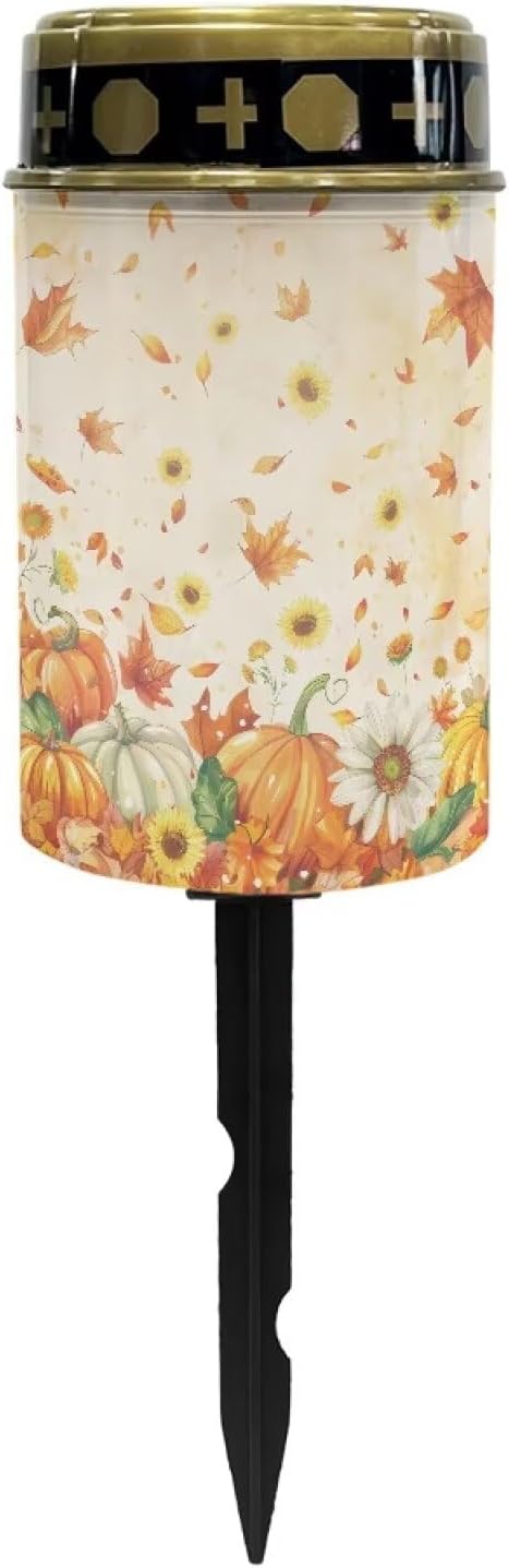 Fall Maple Leaf Pumpkin Prayer Cemetery Solar Lights for Grave Cemetery Decor Candle Lamp Solar Powered Landscape Lights for Grave