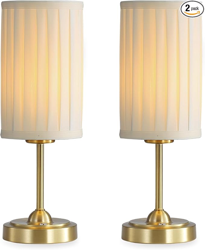 Portables Cordless Table Lamp Set of 2,LED Fabric Shade DeskLamp,Rechargeable Battery Operated，Lighting for Bedroom, Bedside,Bar,Living Room, Dining Room, Night Light (Brass)