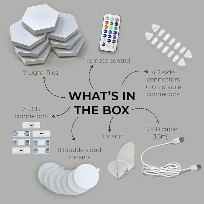 Emberela HEXlights Sensory Lights for Kids - 7pk Touch Hexagon Lights, Remote Controlled - Autism-Friendly Tap Tap Wall LED Panels for Sensory Room - Table Stand Included