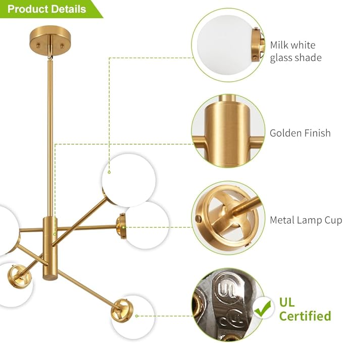 Sputnik Chandelier, Gold Modern Chandeliers, Mid Century Ceiling Lighting Fixture 6-Lights with Milk White Glass Shade for Living Room, Kitchen, Bedroom, Dining Room, and Farmhouse