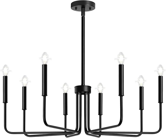 Lynnoland Black 8-Light Chandelier, Farmhouse Chandelier for Dining Room Lighting Fixtures Hanging, Vintage Candle Pendant Light Fixtures Chandelier for Bedroom, Foyer and Living Room