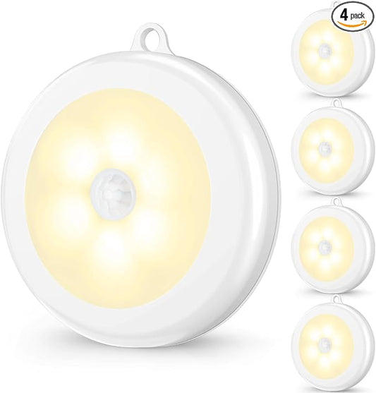 Mlambert 4 Pack Motion Sensor LED Night Light, Cordless Battery-Powered Stick-on Magnet Closet Lights, Safe Lighting for Stairs, Cabinet, Neutral White