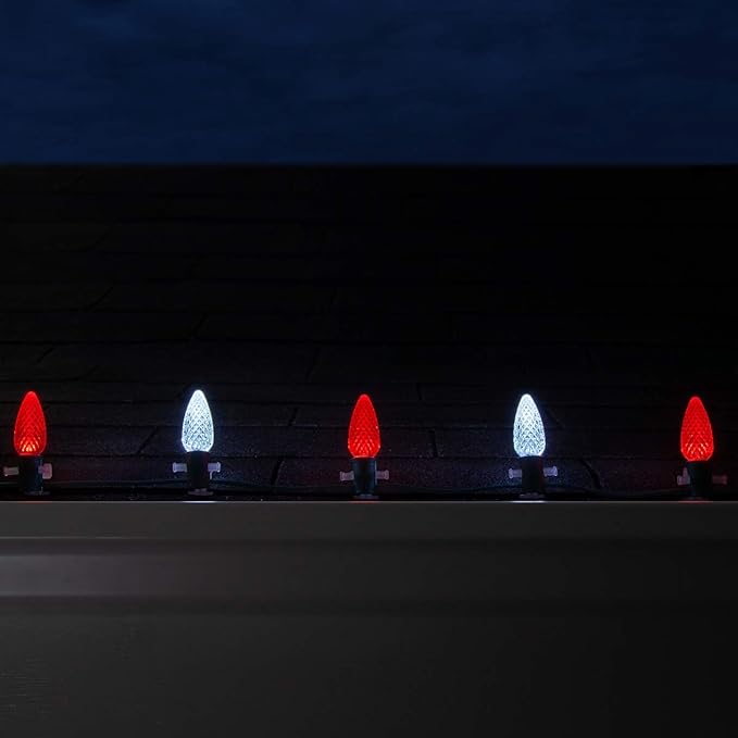 Wintergreen Lighting 100 C9 OptiCore LED Commercial Outdoor Christmas Lights – Heavy Duty Christmas String Lights; Green Wire (100 ft, Red/Cool White)