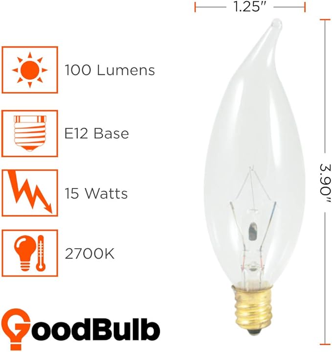 GoodBulb 15-Watt Incandescent Flame Tip Light Bulbs | CA10 Clear Finish E12 Base 2700K Warm White Color | Dimmable 100 Lumens | Decorative Chandelier Bulbs | Pack of 12 Bulbs