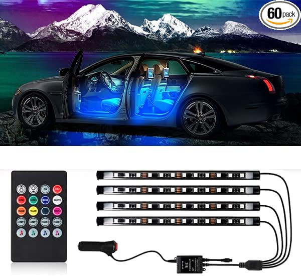 Led Interior Car Lights with Remote, Led Light RGB Rhythm Light Strip RGB Car Lights Music Rhythm car Lights (12V, 4 Lines,48 LEDs)