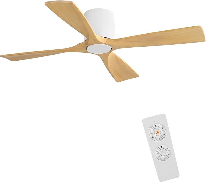 WINGBO Ceiling Fan no Light - 48 inch Solid Wood Flush Mount Ceiling Fan with Remote,4 Reversible Blades, 6-Speed Noiseless Powerful DC Motor, ETL Listed,White+Light Wood
