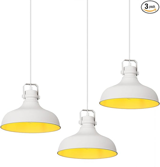 White Farmhouse Pendant Lights Matte Pendant Lighting for Kitchen Island Industrial Adjustable Height Vintage Dome Hanging Light Fixtures for Barn, Dining Room 3 Packs