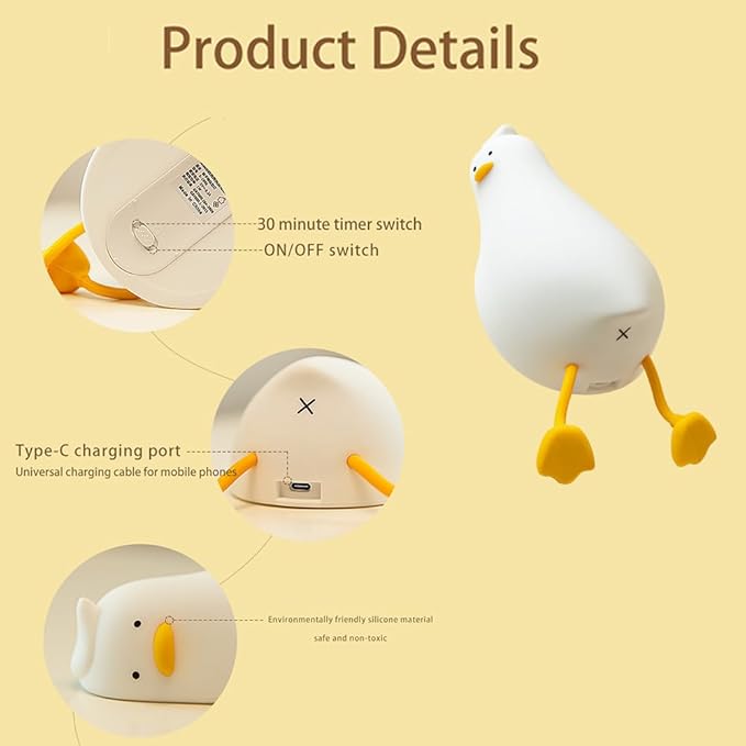 Cute Lying Flat Duck Night Light, 3 Level Dimmable Nursery Nightlight, Kawaii Lamps Squishy Silicone Light Up Duck, Rechargeable Touch Lamp, Best Gift for Kids Adults Room Decor