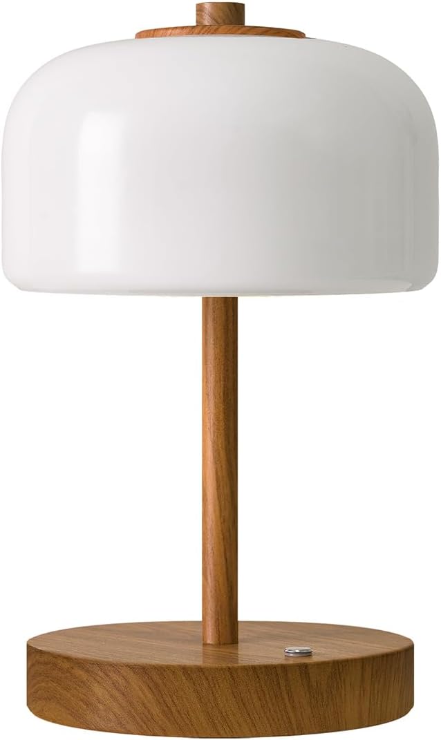 Oneach 9" Cordless Table Lamp, Wood Grain Rechargeable Battery Operated Lamp, 3-Way Stepless Dimming Touch Lamps, Small Glass Bedside Nightstand Light for Bedroom Dining Table Living Room Shelf Decor