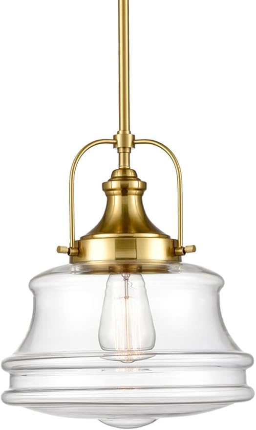 Modern Schoolhouse Pendant Light Fixtures Brass Hanging Kitchen Light with Clear Shade, E26 Light for Dining Room, Bedroom, Bathroom