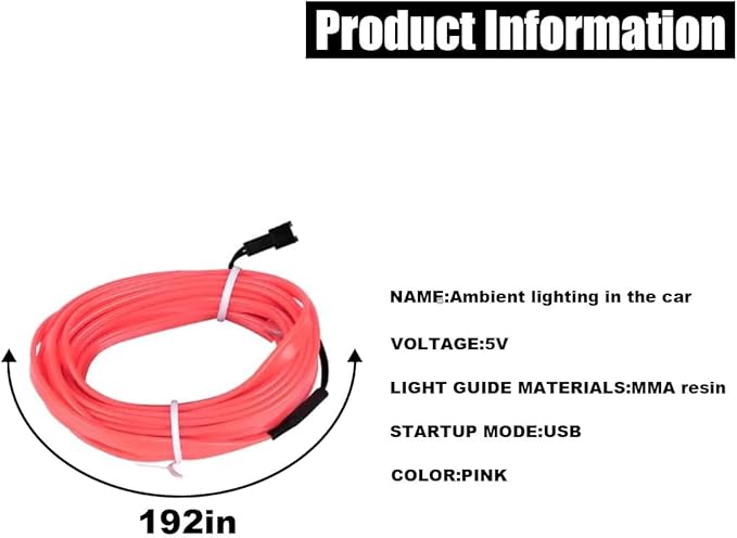 EL Wire Interior Car LED Strip Lights, USB Car Neon Light Strip with Sewing Edge, 16FT Neon Light 5V with Fuse Protection, Electroluminescent Car Indoor Decorations (Pink)