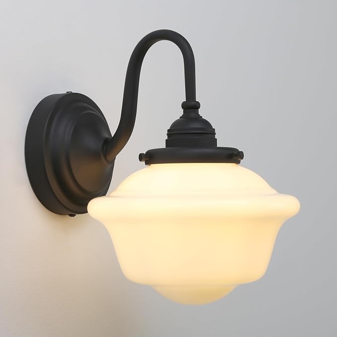 Pathson Vintage Wall Sconce with Milk White Glass, Hardwired Gooseneck Wall Vanity Light Bathroom Sconce Fixture for Living Room, Foyer, Loft, Bedroom, Farmhouse Lamp