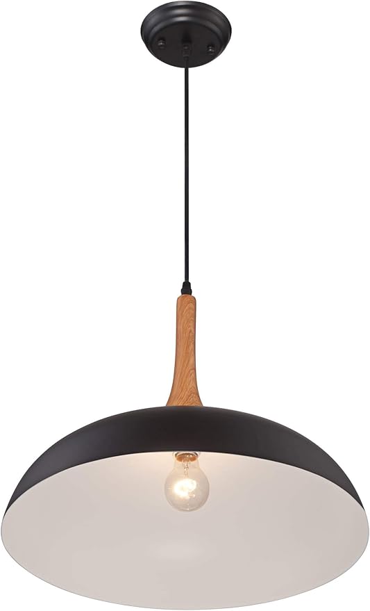Possini Euro Design Felton Black Aluminum Wood Finish Small Pendant Light 17 3/4" Wide Mid Century Modern Dome Shade Fixture for Dining Room House Entryway Bedroom Kitchen Island Hallway