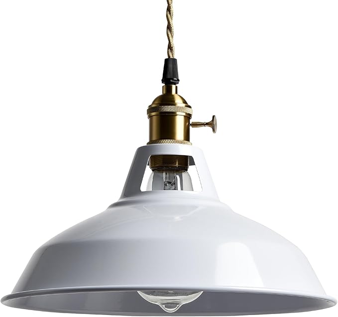 YUBOLE Industrial Swag Hanging Light with Switch Adjustable Height Pendant Lighting with White Metal Barn Shade for Kitchen Foyer Dining