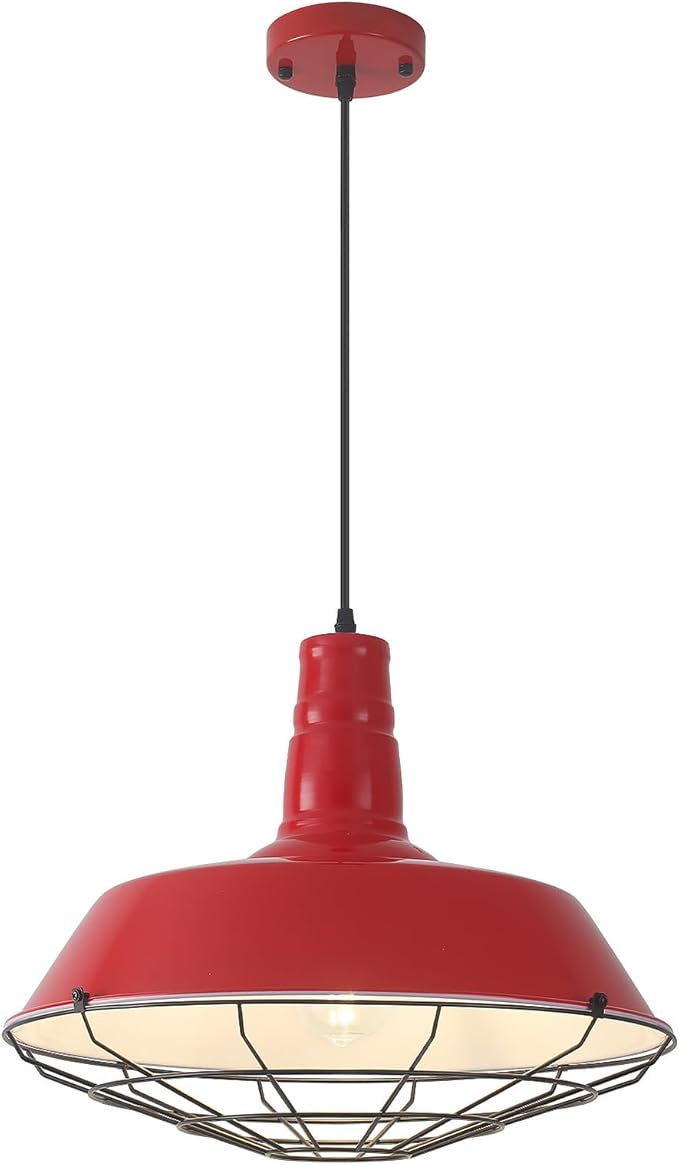 Red Pendant Lights Kitchen Island, 18.1 Inch Large Farmhouse Pendant Light, Oversized Industrial Pendant Light with Wire Cage, Barn Pendant Lights for Kitchen Dining Room (1 Pack)