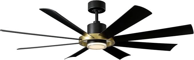 Modern Forms Aura Indoor and Outdoor 8-Blade 60in Smart Ceiling Fan in Matte Black Soft Brass Ring with 2700K-3000K-4000K-5000K Selectable LED Light Kit and Remote Control works App